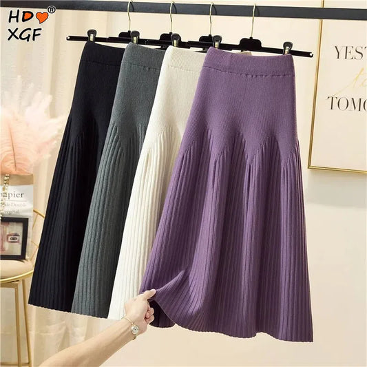 Thickened Knitted Skirt Women&#39;s Mid-length Wool Skirt All-match A-line Long Skirt New Autumn Winter Knitted Skirts Drop Shipping